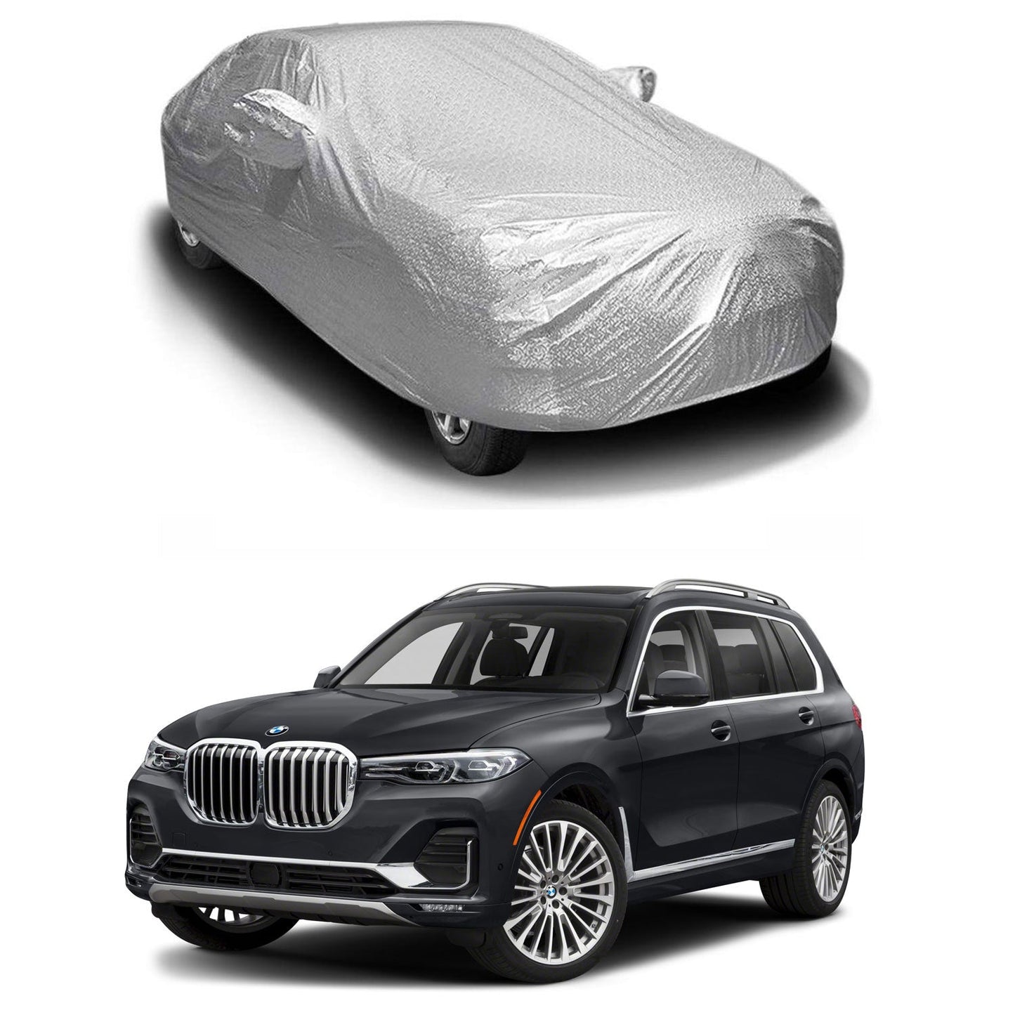 Oshotto Spyro Silver Anti Reflective, dustProof Silver and Water Proof Silver Car Body Cover with Mirror Pockets For BMW X7