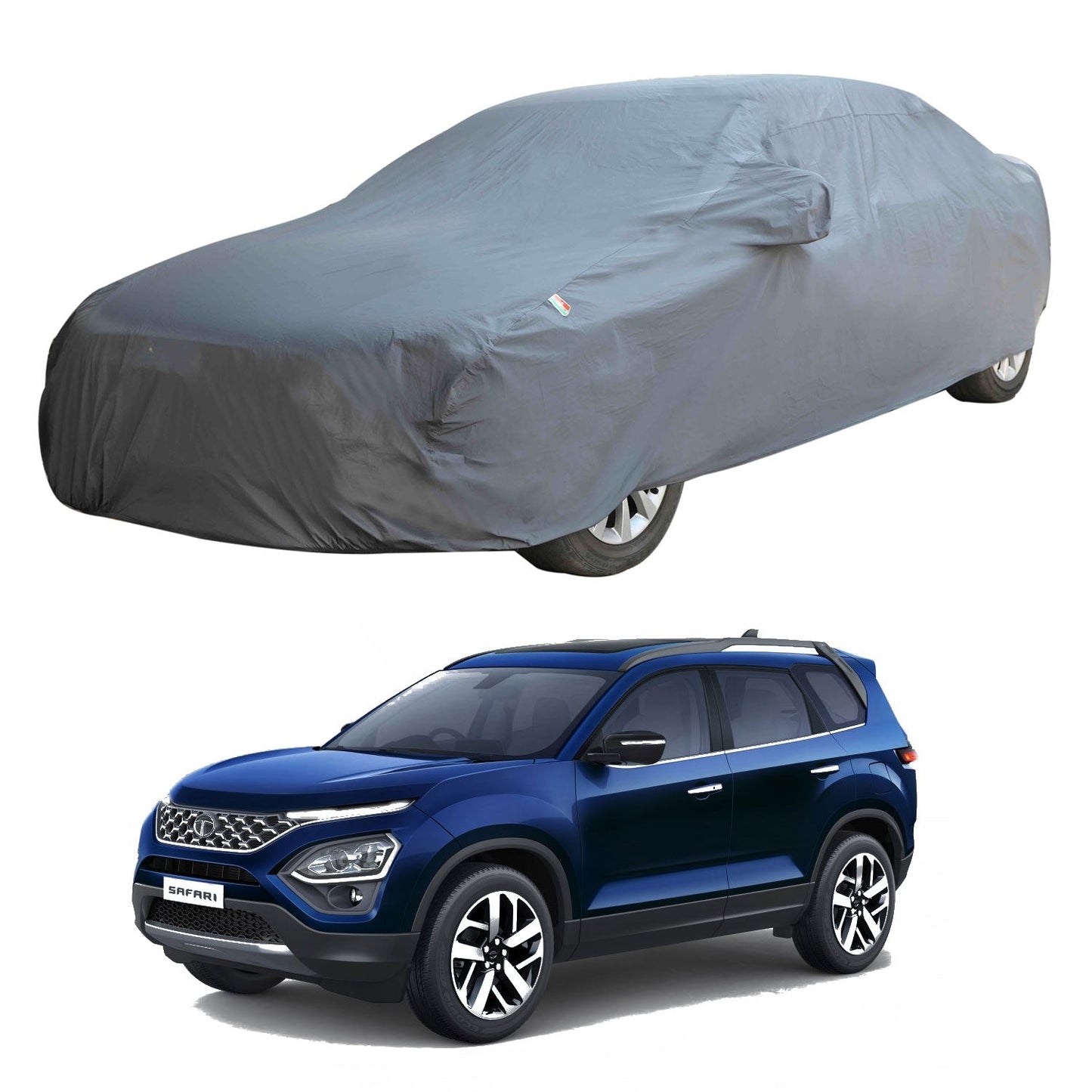 Oshotto Dark Grey 100% Anti Reflective, dustproof and Water Proof Car Body Cover with Mirror Pockets For Tata Safari 2021-2023