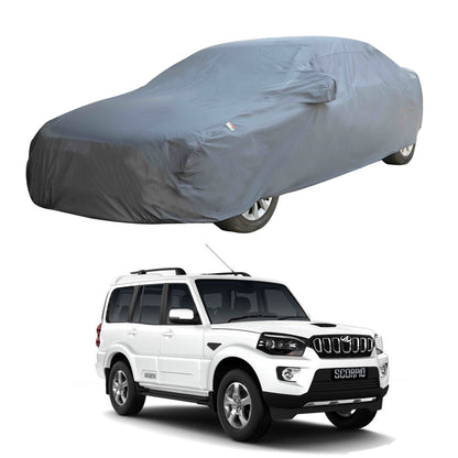 Oshotto Dark Grey 100% Anti Reflective, dustproof and Water Proof Car Body Cover with Mirror Pockets For Mahindra Scorpio M2DI