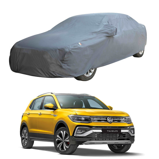 Oshotto Dark Grey 100% Anti Reflective, dustproof and Water Proof Car Body Cover with Mirror Pockets For Volkswagen Taigun