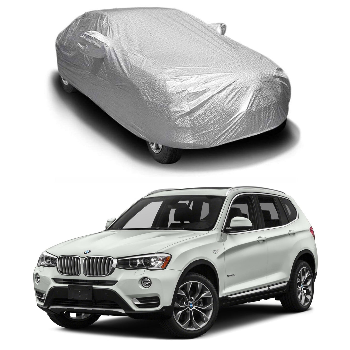 Oshotto Spyro Silver Anti Reflective, dustProof Silver and Water Proof Silver Car Body Cover with Mirror Pockets For BMW X3