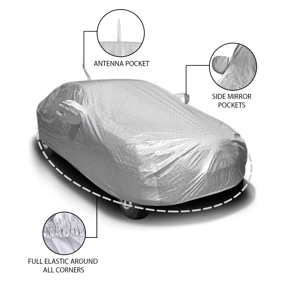 Oshotto Spyro Silver Anti Reflective, dustproof and Water Proof Car Body Cover with Mirror Pockets For Maruti Suzuki Swift 2011-2023 (with Antenna Pocket)