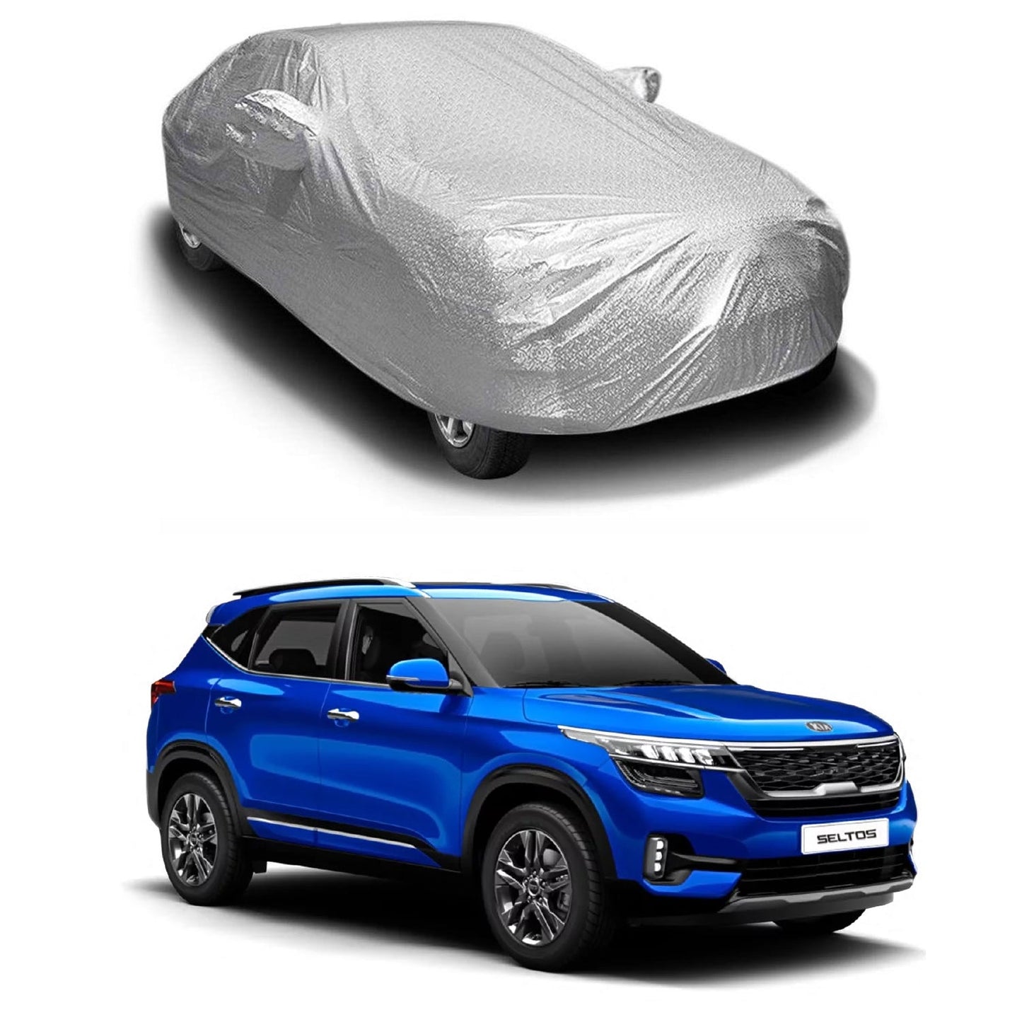 Oshotto Spyro Silver Anti Reflective, dustproof and Water Proof Car Body Cover with Mirror Pockets For KIA Seltos