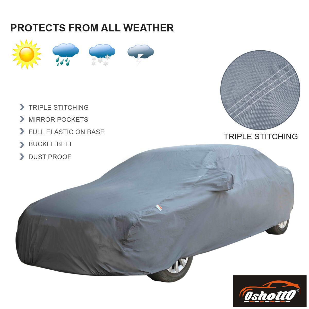 Oshotto Dark Grey 100% Anti Reflective, dustproof and Water Proof Car Body Cover with Mirror Pockets For Volkswagen Ameo