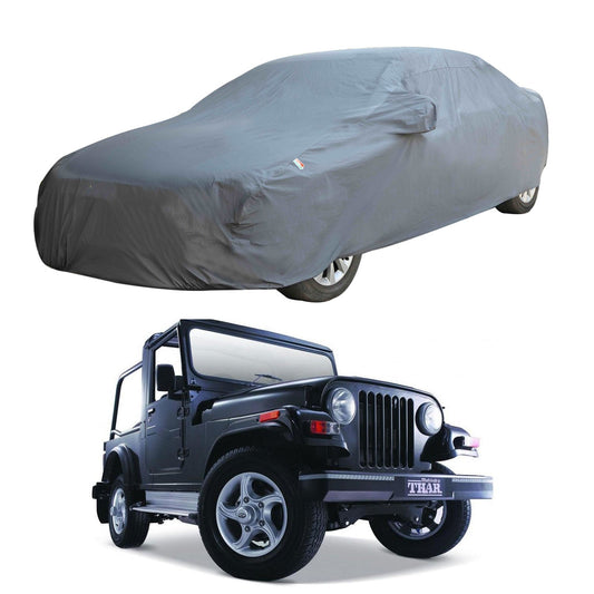 Oshotto Dark Grey 100% Anti Reflective, dustproof and Water Proof Car Body Cover with Mirror Pocket For Mahindra Thar